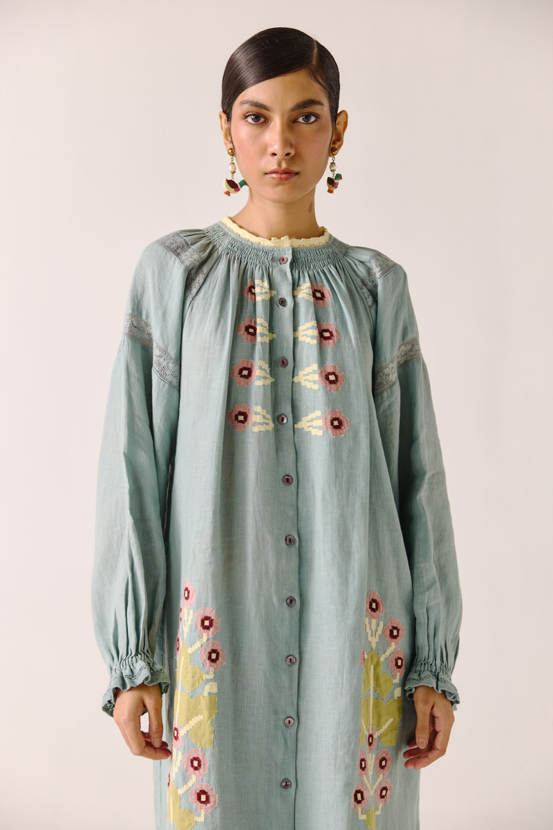 Chloe Dress - Pale Blue Pixel Applique linen by CORD in blue for women in Singapore