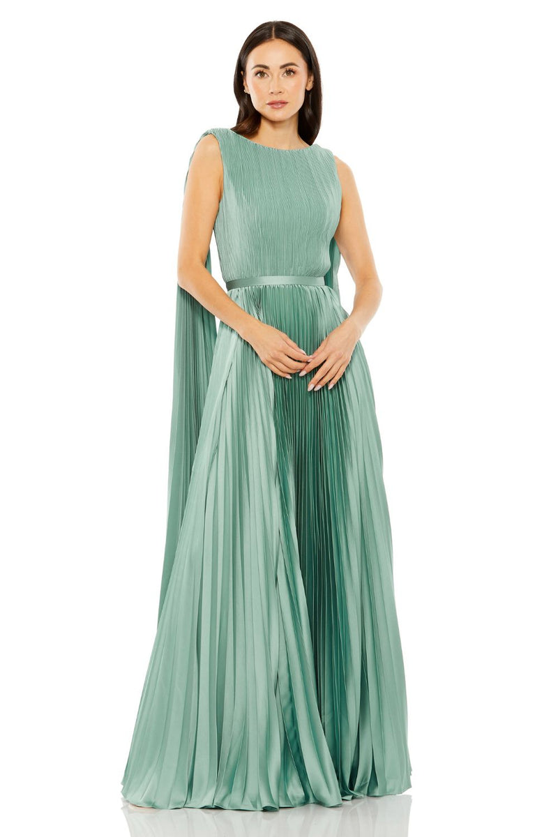 49716-Sleeveless High Neck Cape Back Heat Pleated Gown satin by Mac Duggal in blue color for women in Singapore