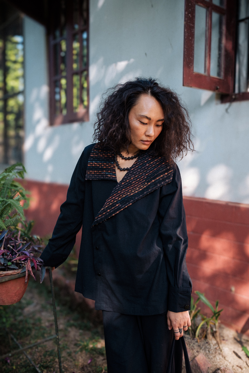 Upcycled Handwoven Arrow collar shirt - Black Copper cotton by The Terra Tribe in black color for women in Singapore
