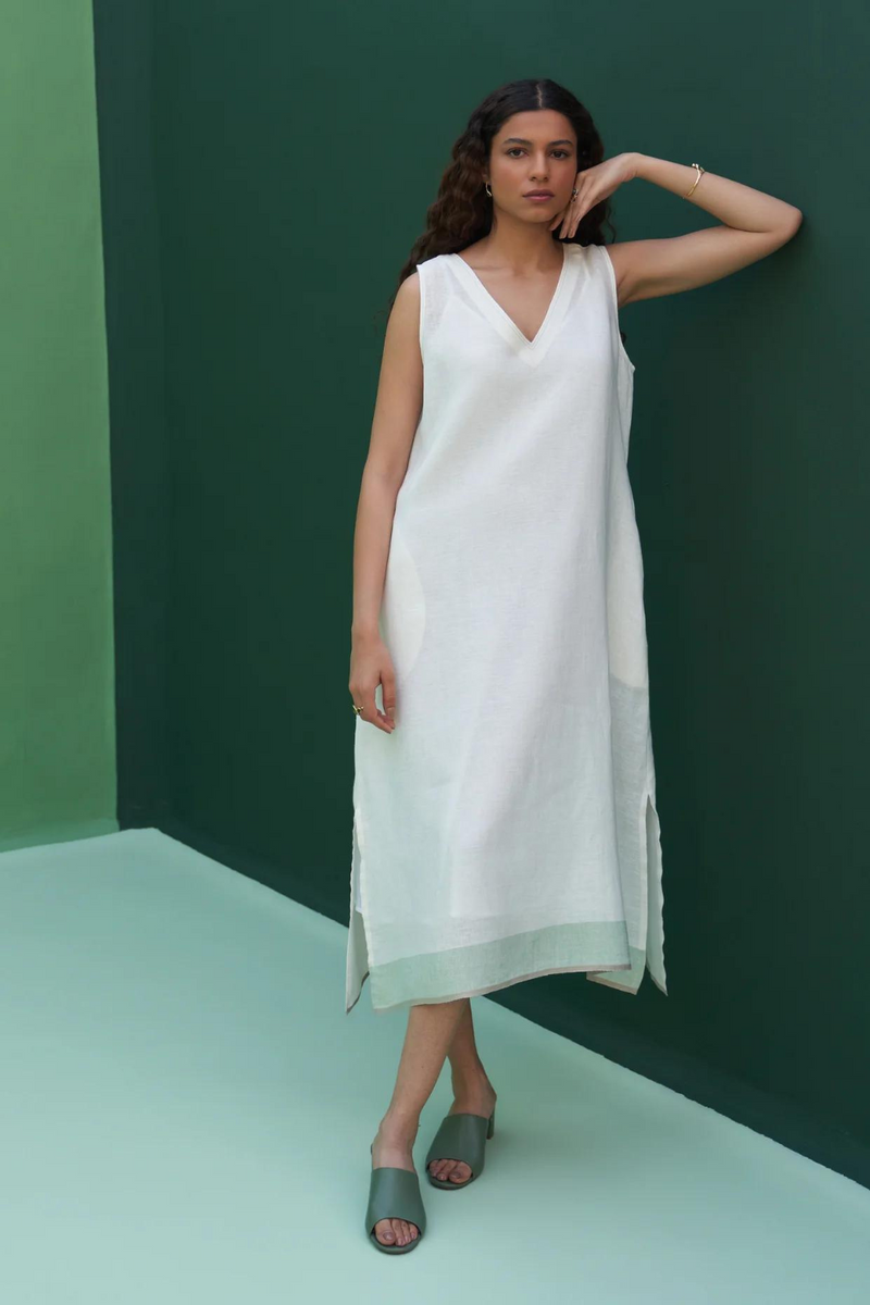 Jin Border Linen Dress 
- Ivory linen by Manan in ivory color for women in Singapore