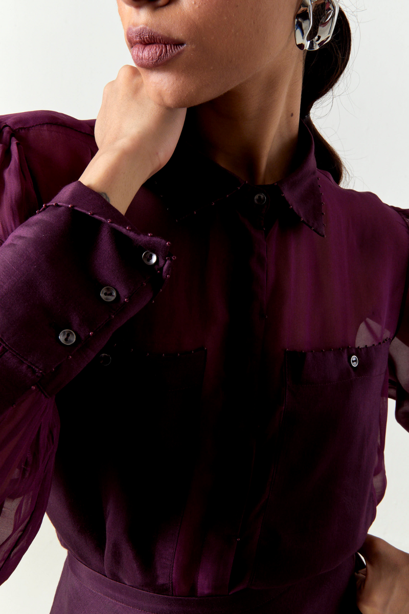 BEADED COLLAR SHEER SHIRT CO-ORD-WINE organza by THREE for women in Singapore