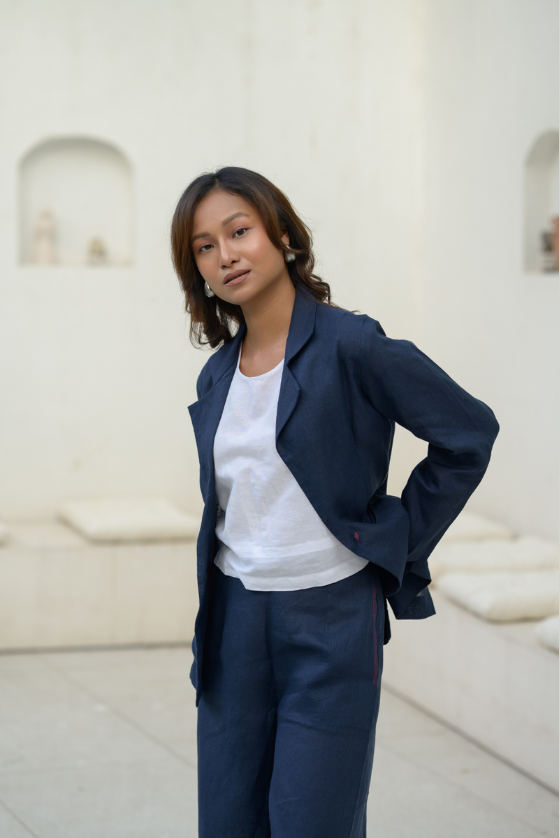Midnight Line Suit linen co-ord set by Zanzibar Living in midnight blue for women in Singapore