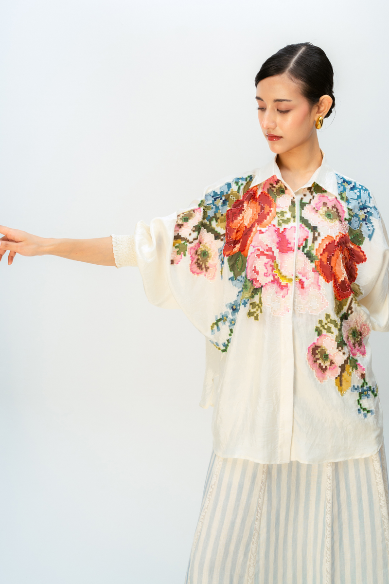 MEADOW ECHO SHIRT silk top/shirt by Ode to Odd in off white for women in Singapore