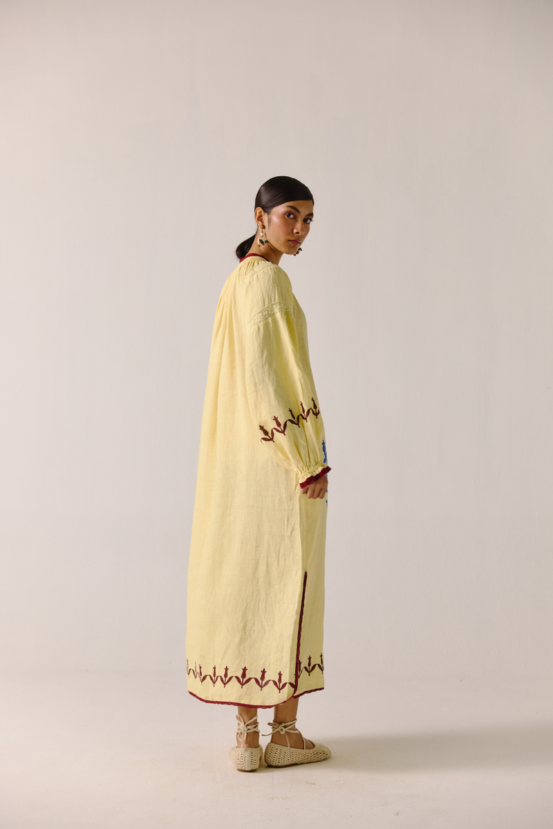 Chloe Dress - Butter Yellow Bird Applique linen by CORD in yellow for women in Singapore