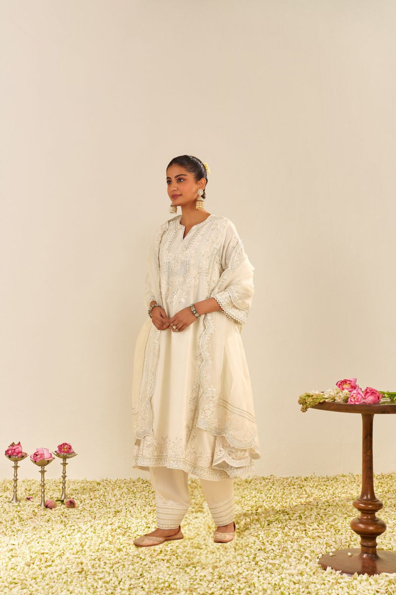 Maziya - Long Chauga With Salwar And Dupatta-Daisy Ivory silk by SHEETAL BATRA in ivory color for women in Singapore