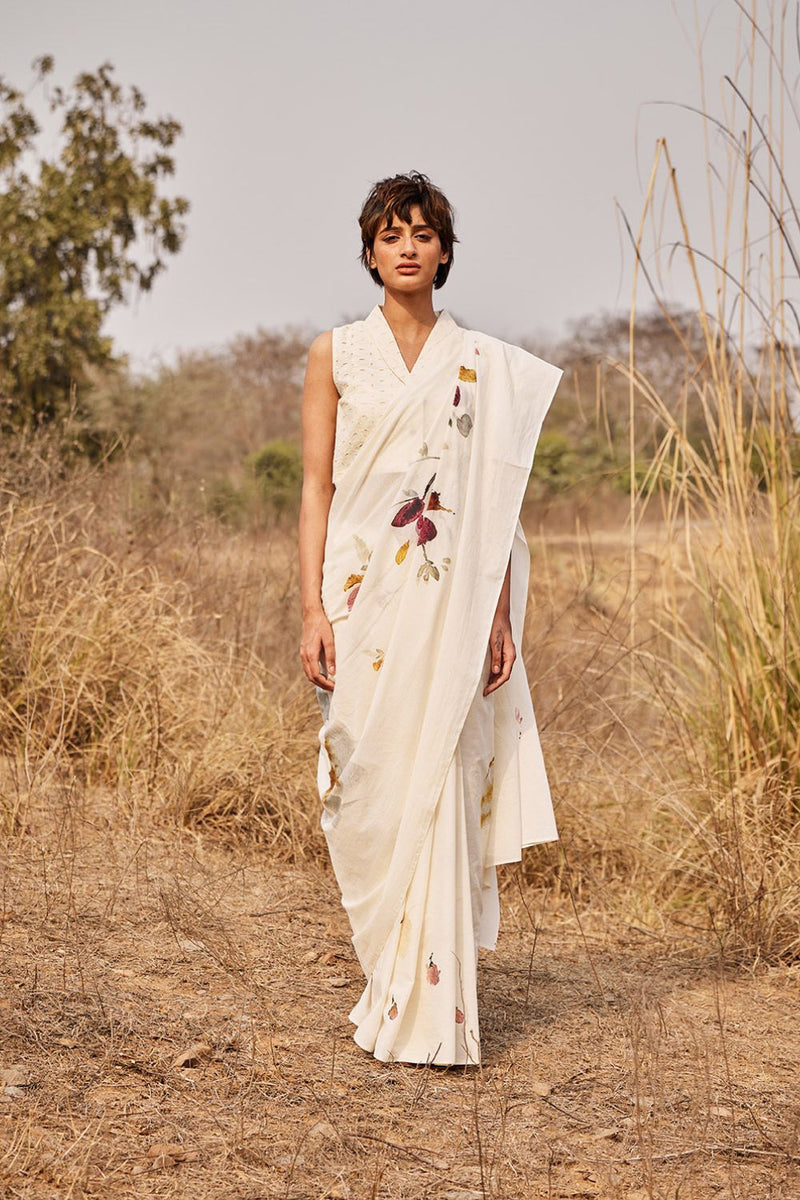 Ketaki saree with Jui blouse cotton by Khara Kapas in white for women in Singapore