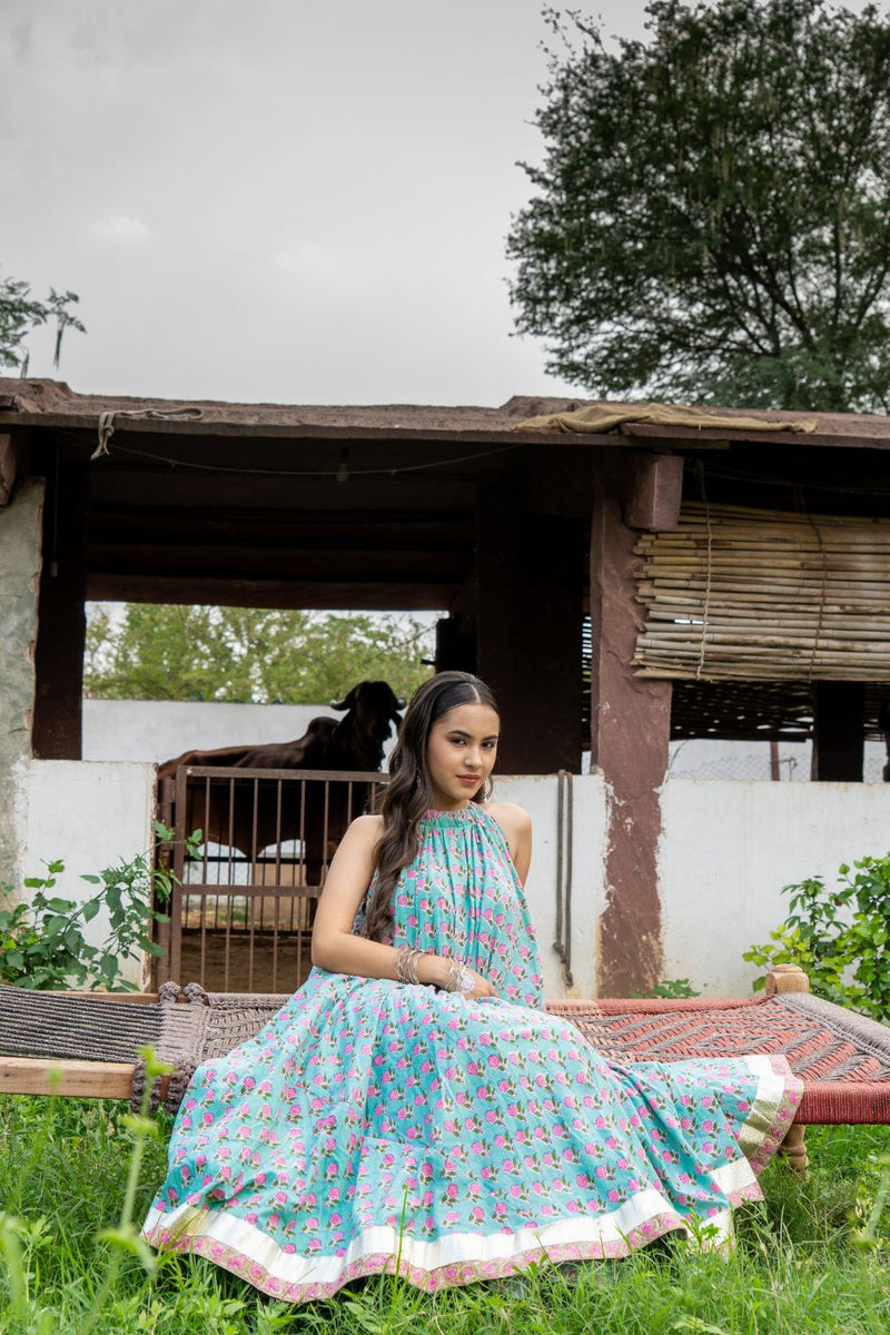 Saundh Pink and Blue Cotton hand block printed floral ghera dress cotton Buy Saundh Pink and Blue Cotton hand block printed floral ghera dress from C&W | Indo-Western for Women by Maison Shefali in multi color for women in Singapore