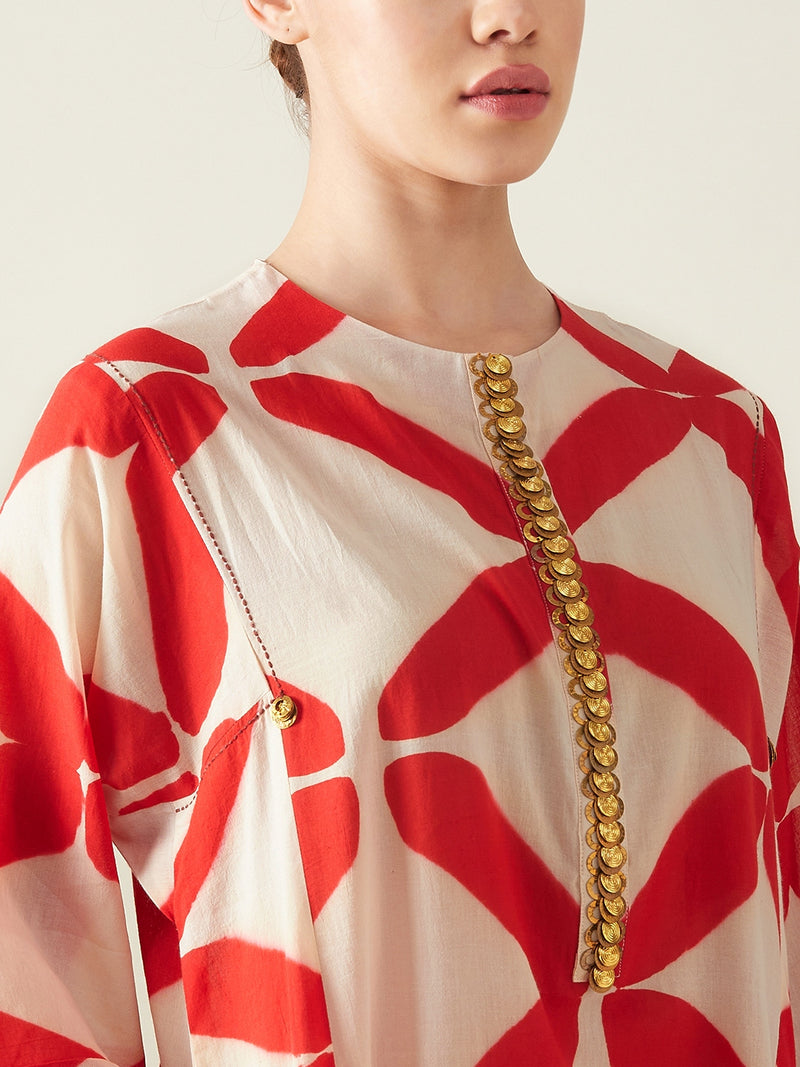 Red Clamp Dye Embroidered Co ord set cotton Light Kurta Sets by Aavidi for women in Singapore