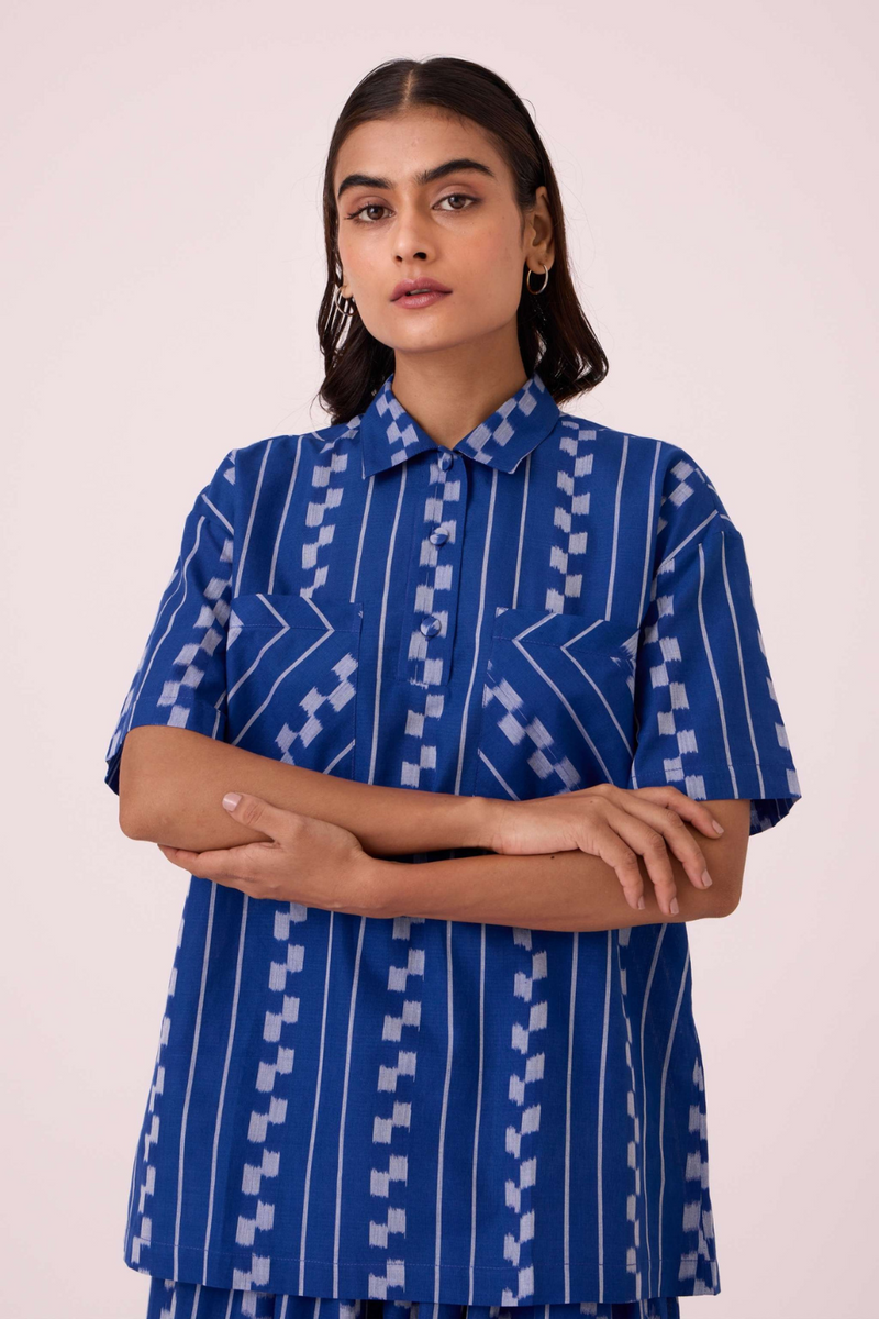 Alyosha Blue Striped Ikat Shirt cotton by The Summer House in blue color for women in Singapore