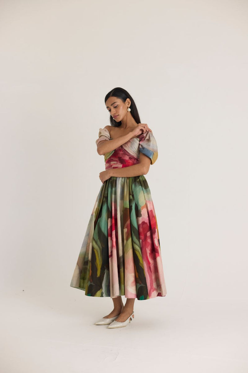 TILLY PUFF SLEEVE DRESS satin by Yam in multi color for women in Singapore