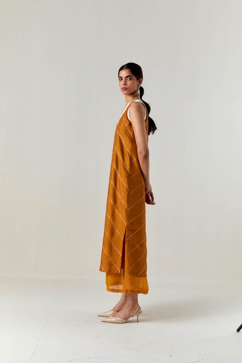 V-NECK EMBELLISHMENT DETAIL DRESS-OCHRE silk by THREE for women in Singapore
