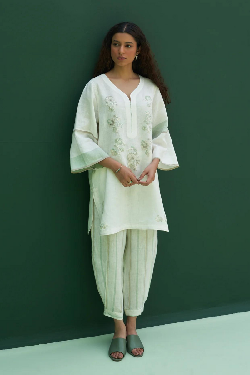 Insha Hand-Embroidered Kurta
- Ivory linen by Manan in ivory color for women in Singapore