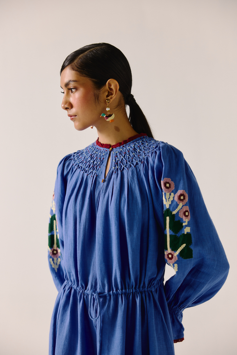 Edith Dress - Electric Blue Pixel Applique linen by CORD in blue for women in Singapore