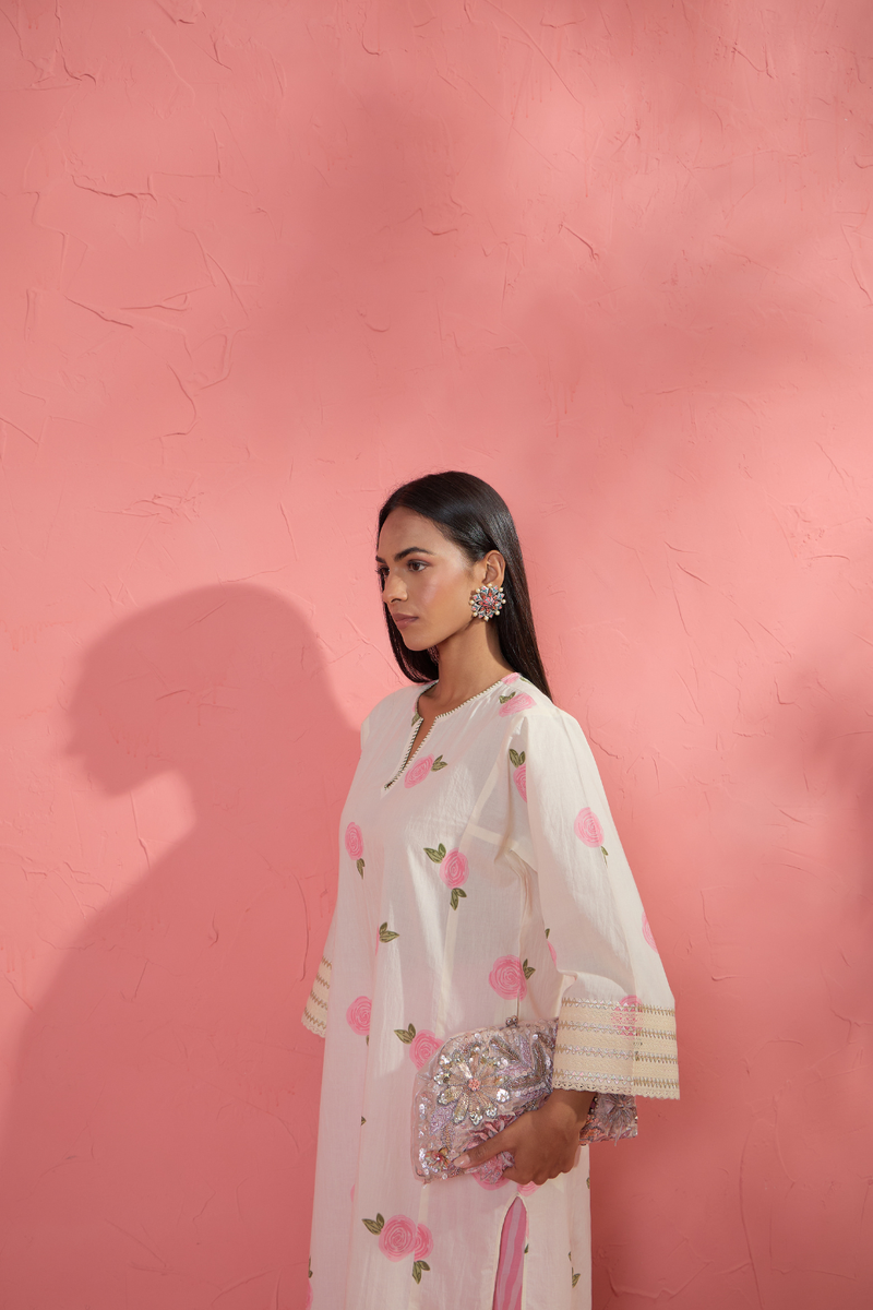Gul Rose Set 3 cotton cambric light kurta set by AAVIDI in off white for women in Singapore
