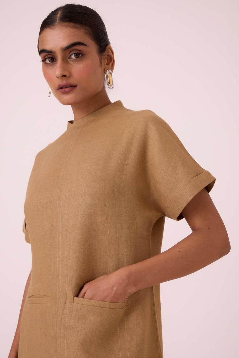 Salome Tan Linen Dress linen by The Summer House in olive color for women in Singapore