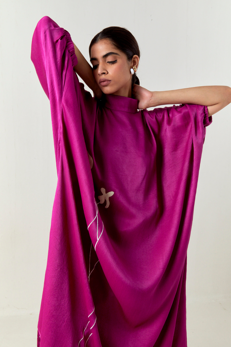 FLORAL FRINGE KAFTAN CO-ORD-FUCHSIA satin by THREE for women in Singapore