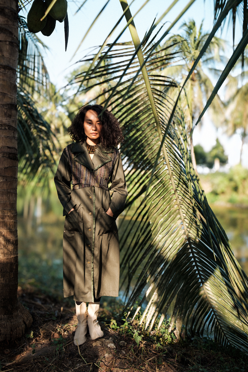 Upcycled Copenhagen Trench - Black Green cotton by The Terra Tribe in green color for women in Singapore
