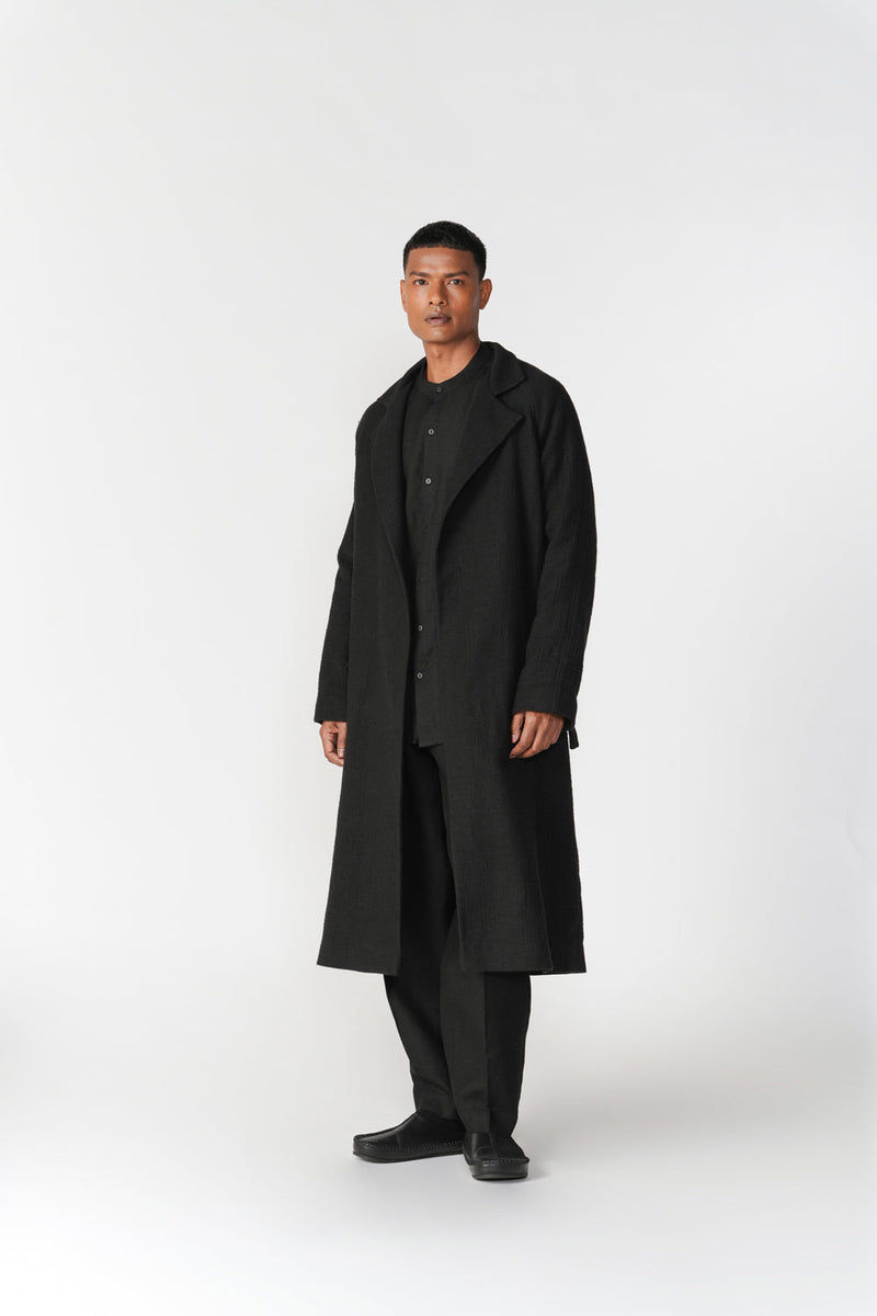 Chenille Notch Lapel Long Overcoat jacket/overlay by Turn Black in black for men in Singapore