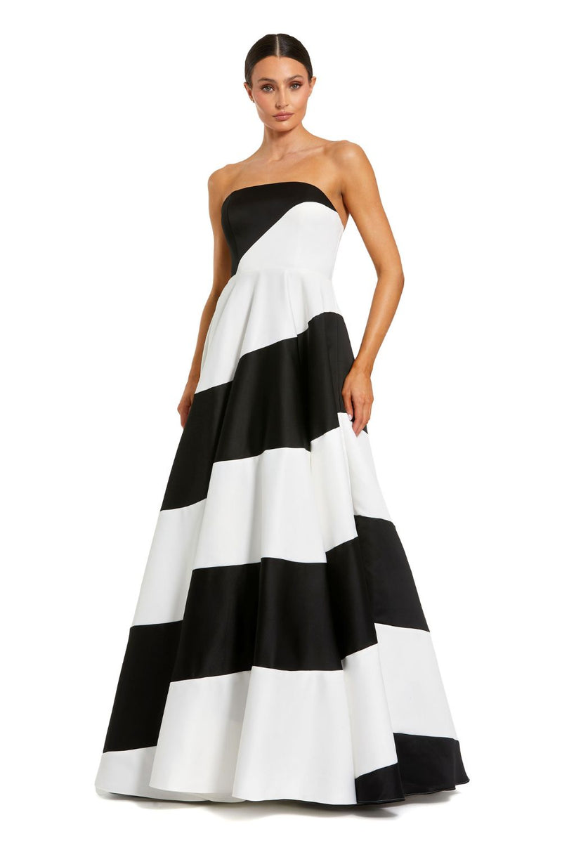 56190-Black and White Striped Satin Strapless Ball Gown satin by Mac Duggal in ivory color for women in Singapore