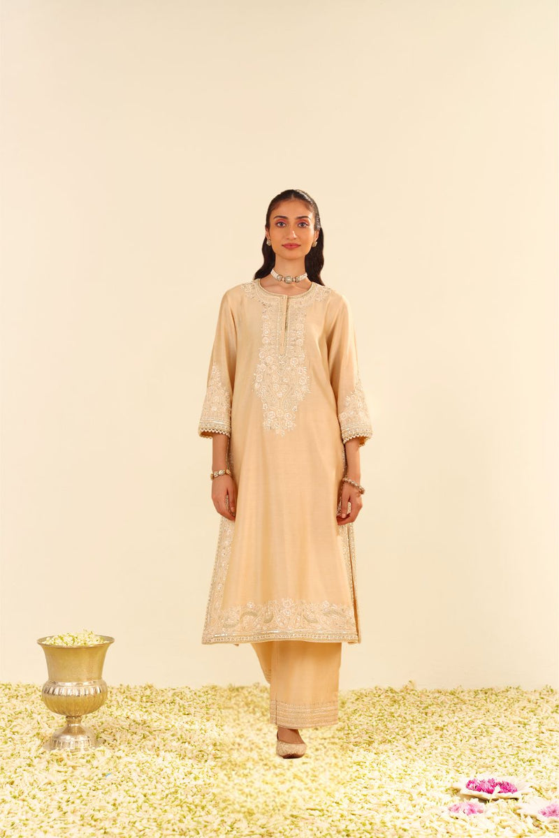 Sereen - A-Line Kurta With Palazzo And Dupatta-Beige silk by SHEETAL BATRA in beige color for women in Singapore