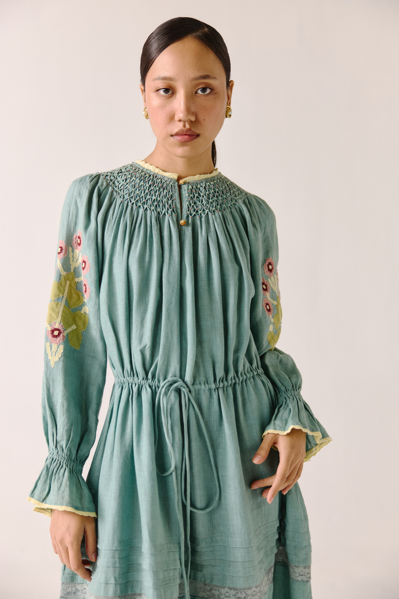 Edith Dress - Pale Blue Pixel Applique linen by CORD in blue for women in Singapore