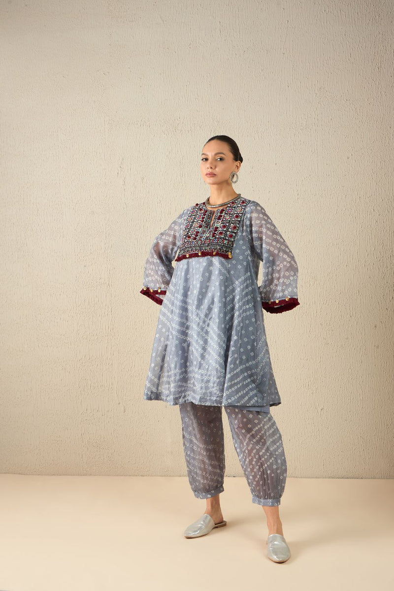AFGHANI BANDHANI SET - Light Grey silk by Aavidi in yellow color for women in Singapore