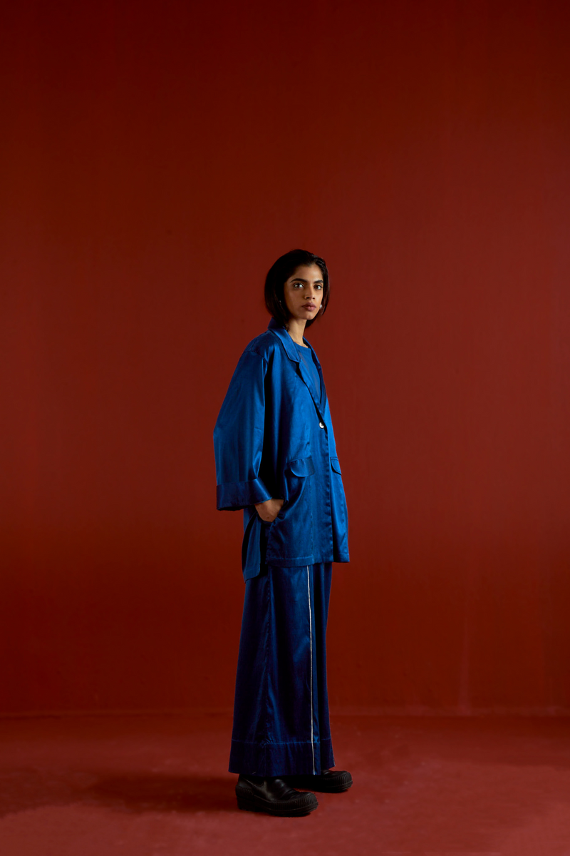 WIDE SLEEVE JACKET CO-ORD-ELECTRIC BLUE satin by THREE in blue color for women in Singapore