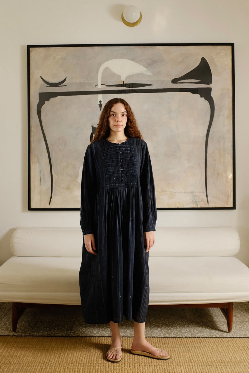 Naomi Dress cotton jamdani dress by MASON AND MILL in blue for women in Singapore