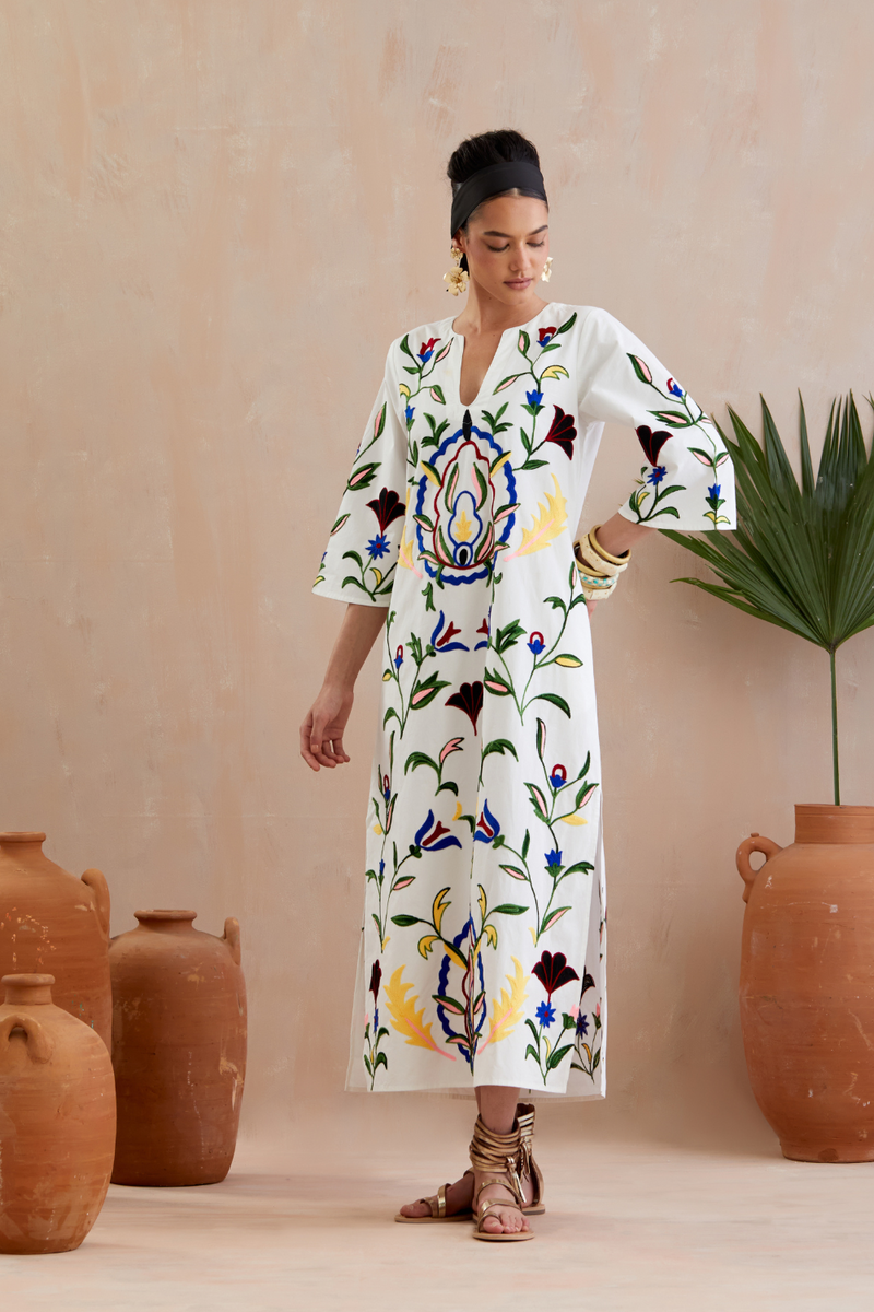 Ivory and Multi Color Thread Embroidery Maxi Dress poplin Buy Ivory and Multi Color Thread Embroidery Maxi Dress from C&W | Dresses for Women by Indian Summer Story in ivory color for women in Singapore