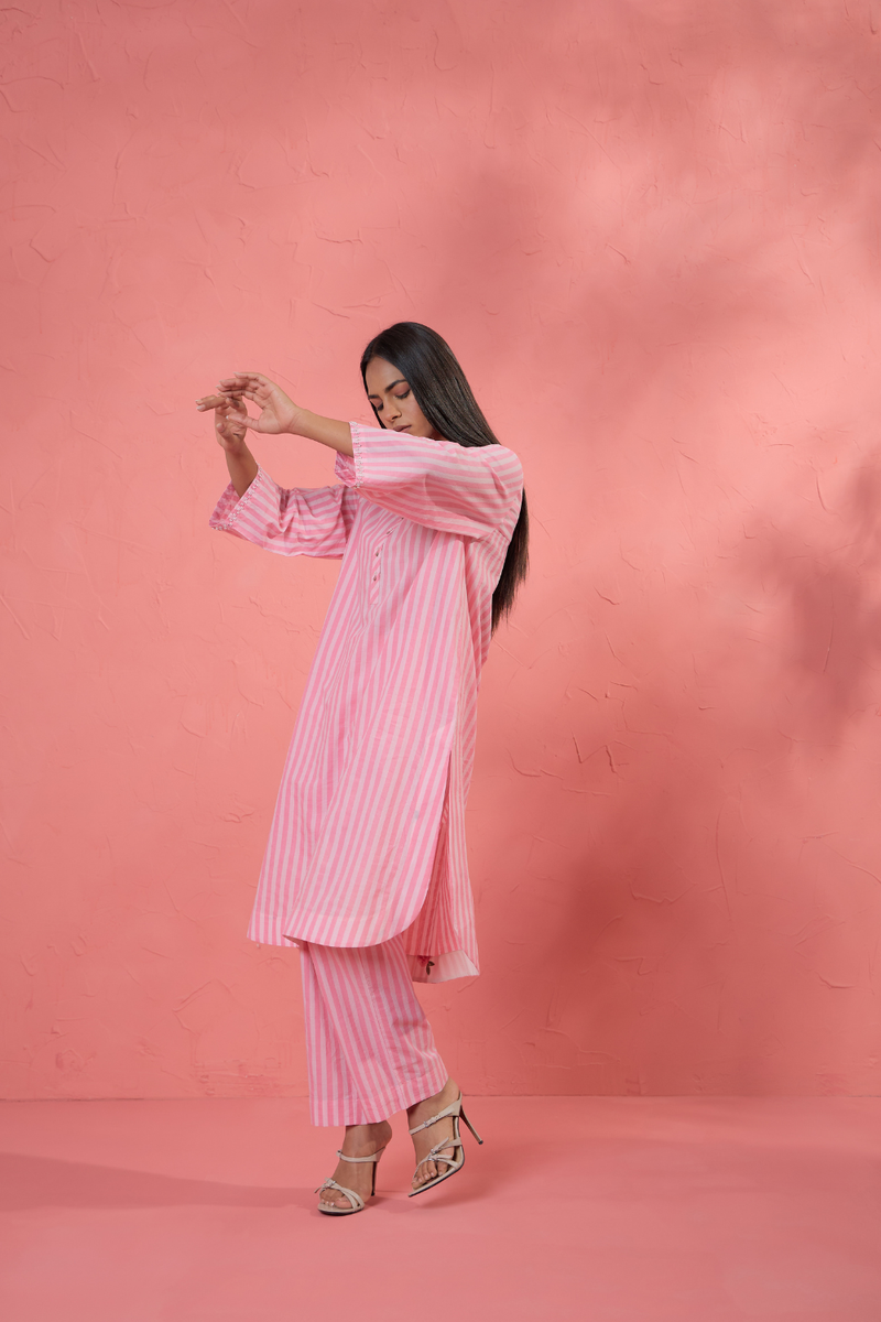 Rosa Stripe Set cotton cambric light kurta set by AAVIDI in multicolor for women in Singapore