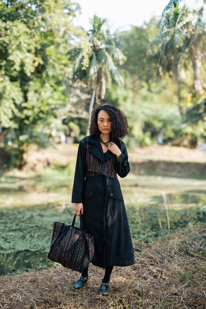 Upcycled Handwoven Copenhagen Trench - Black Copper cotton by The Terra Tribe in black color for women in Singapore