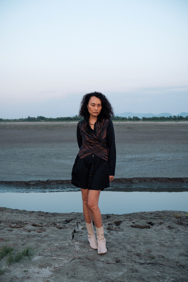 Upcycled Seattle Wrap Short Dress - Black Copper cotton by The Terra Tribe in black color for women in Singapore