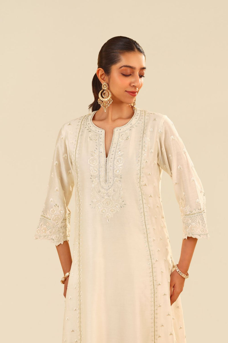 Sumaiya - A-Line Kurta With Palazzo And Dupatta-Daisy Ivory silk by SHEETAL BATRA in ivory color for women in Singapore