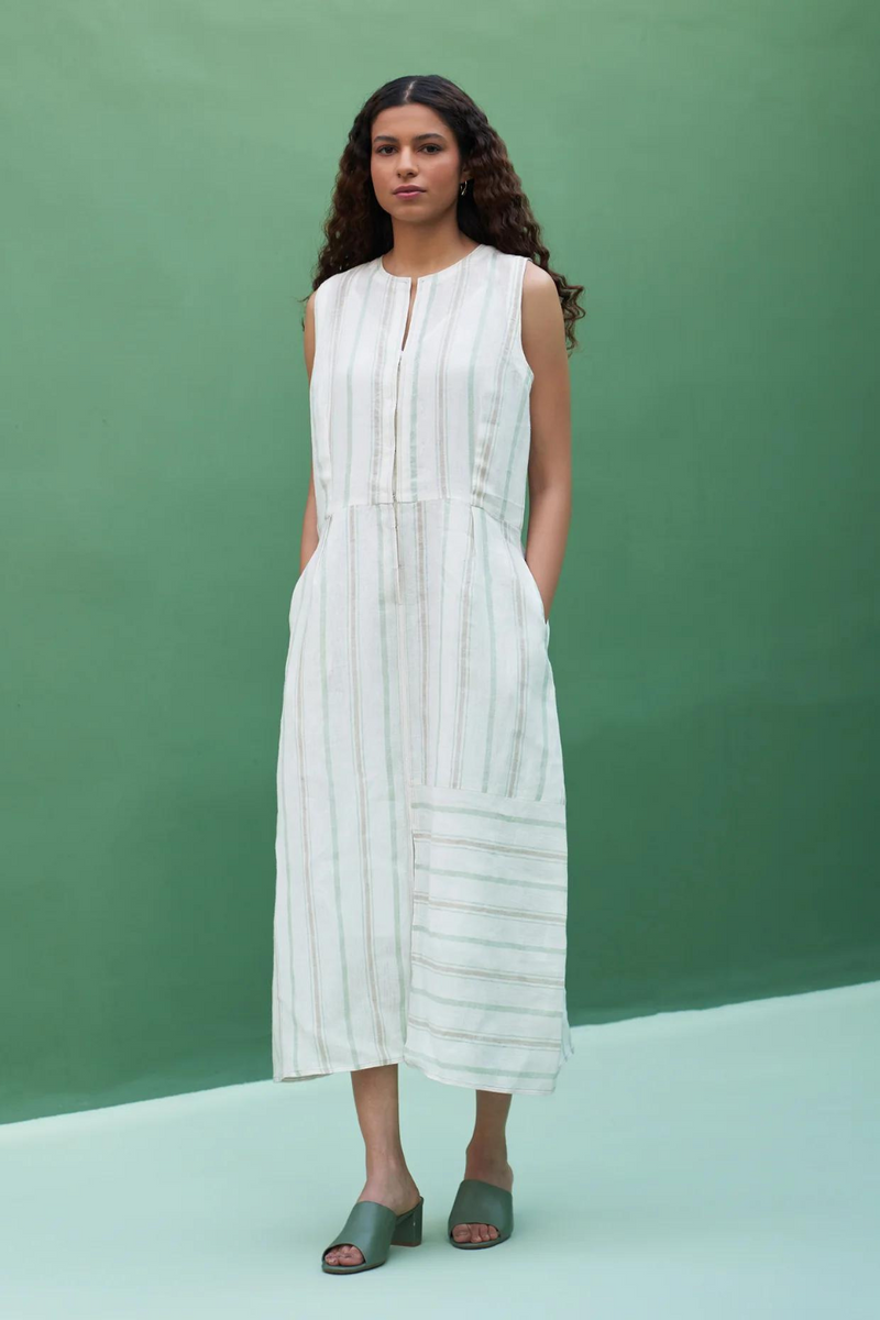 Una Striped Linen Sleeveless Dress
- Mint linen by Manan in mint color for women in Singapore