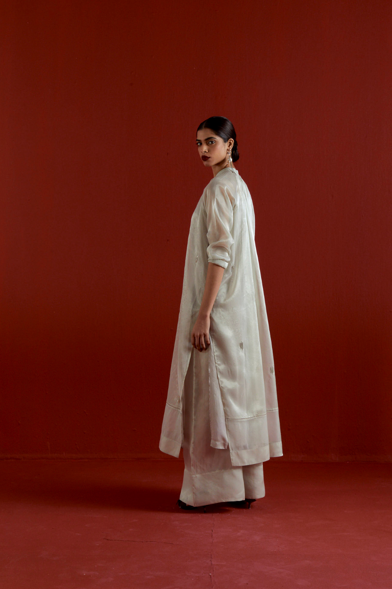EMB. GATHER NECK SHIRT CO-ORD-METALLIC GREY tissue by THREE in grey color for women in Singapore