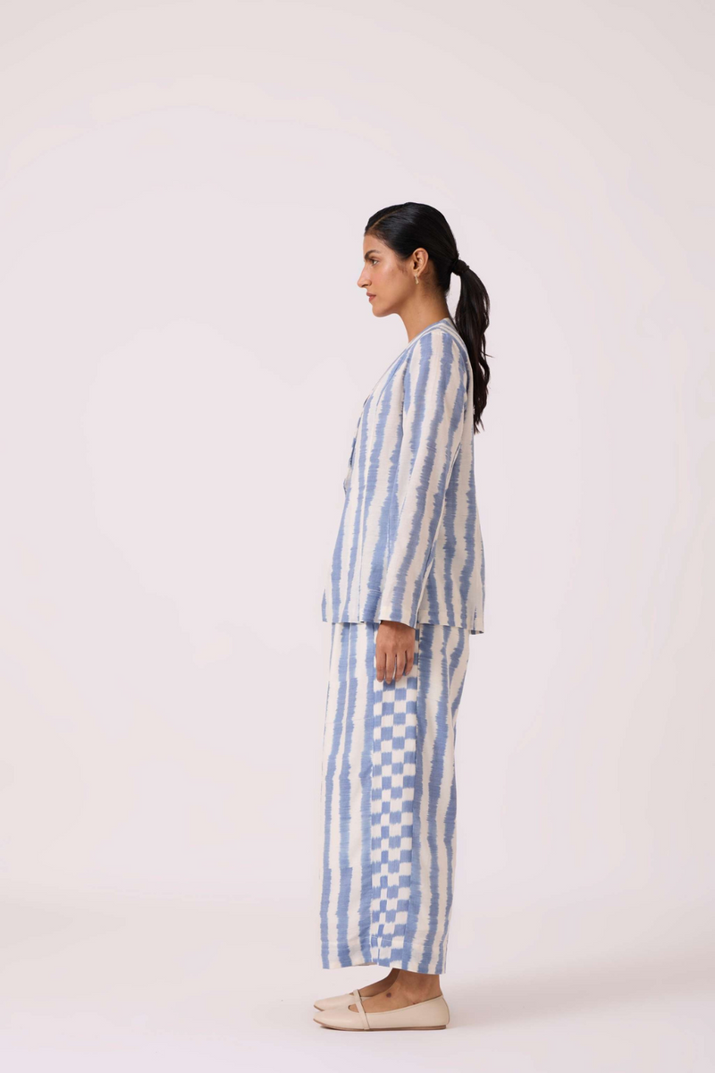 Dimtri Blue Striped Ikat Jacket cotton by The Summer House in blue color for women in Singapore