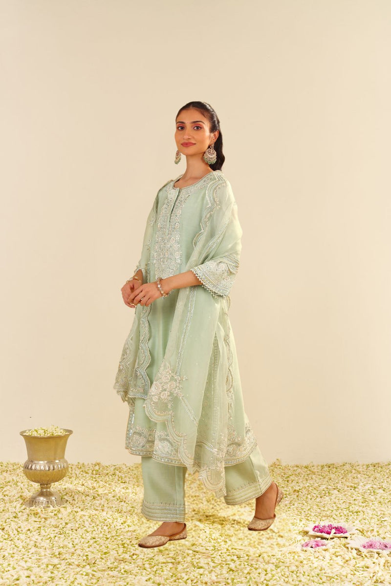 Sereen - A-Line Kurta With Palazzo And Dupatta-Mint Green silk by SHEETAL BATRA in mint color for women in Singapore