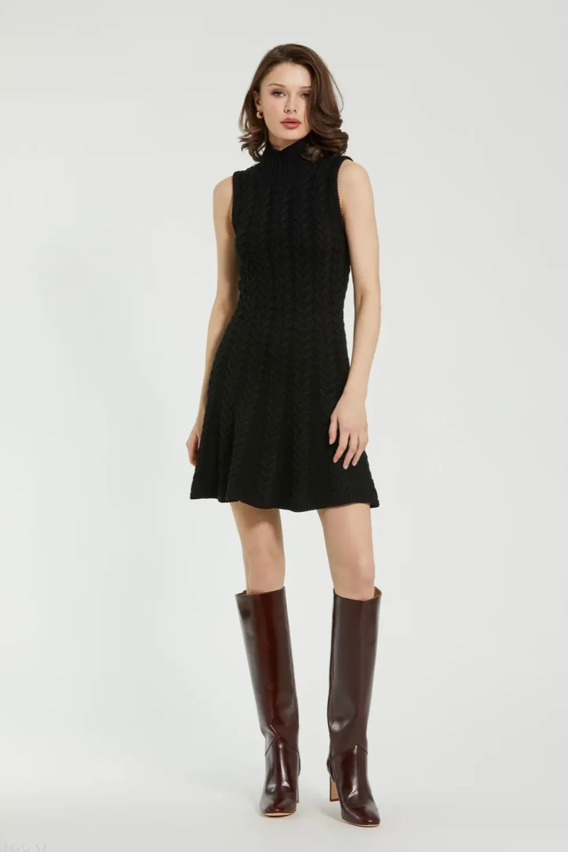 Black Cable Knit Turtle Neck Sleeveless Mini Sweater Knit Dress cotton by Mac Duggal in black color for women in Singapore