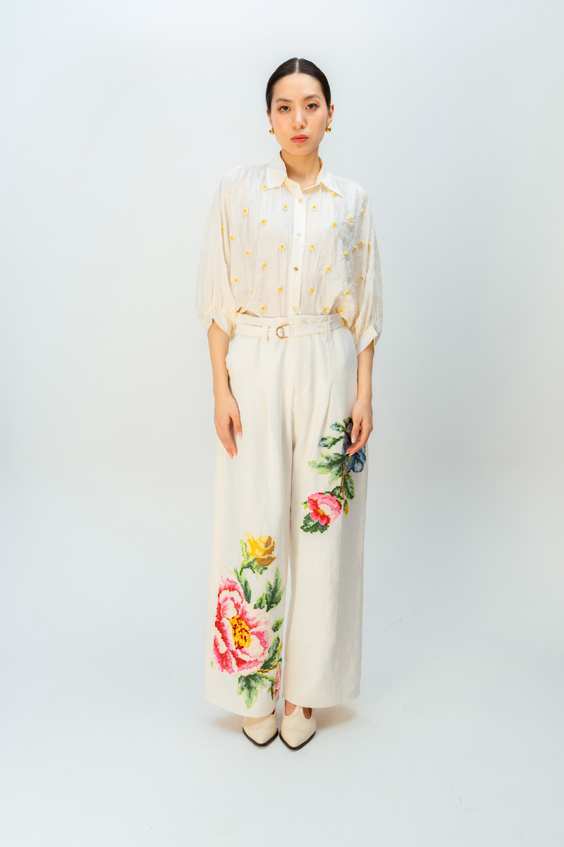PETAL VALLEY TROUSER handwoven denim pant/trouser by Ode to Odd in off white for women in Singapore