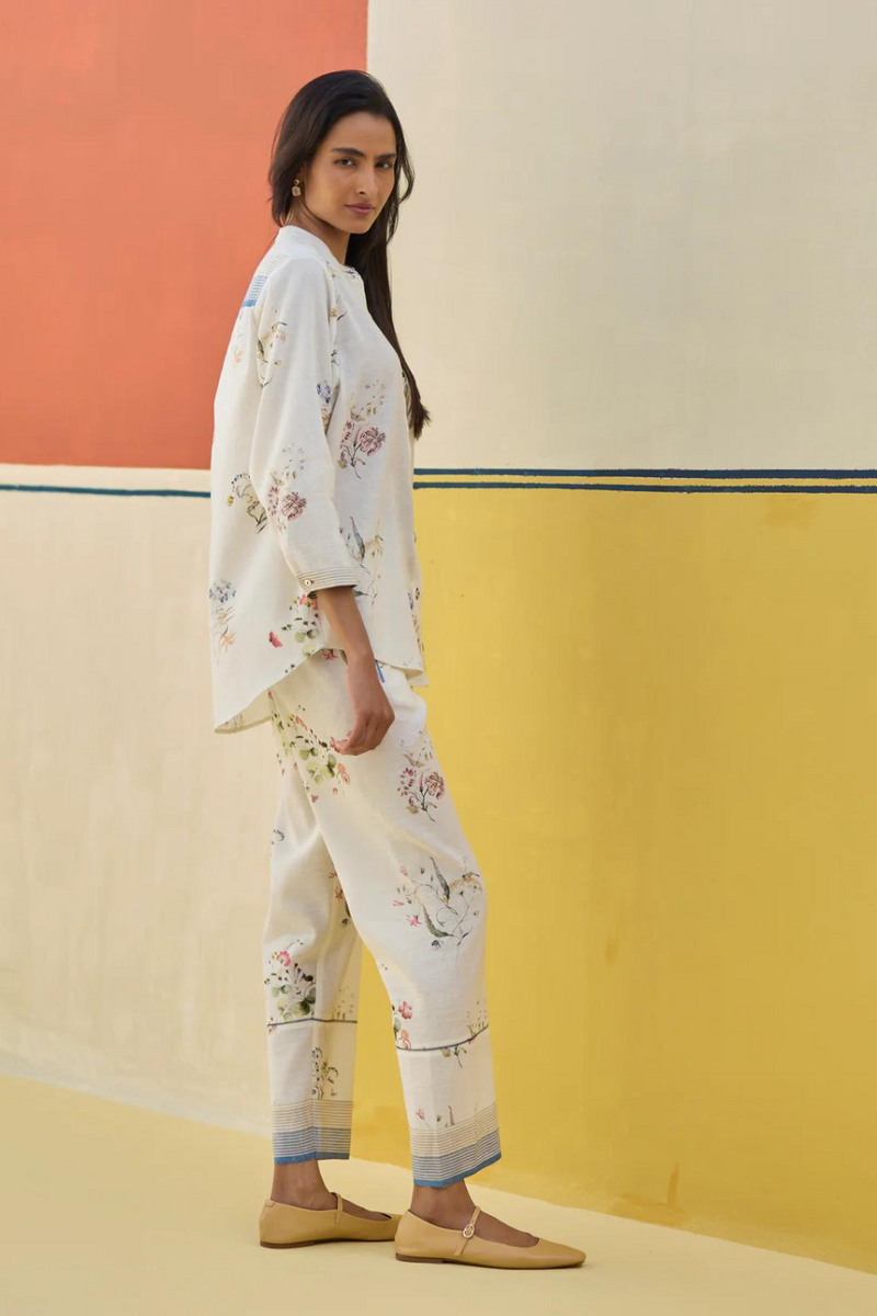 Vani Watercolour Floral Co-ord Set
-Ivory linen by Manan in ivory color for women in Singapore