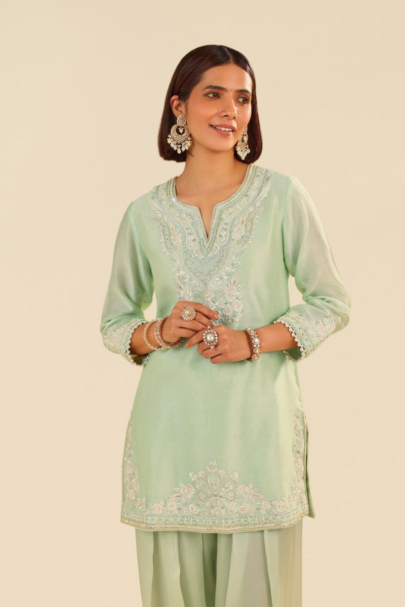 Haniya - Short Kurta With Salwar And Dupatta-Mint Green silk by SHEETAL BATRA in mint color for women in Singapore