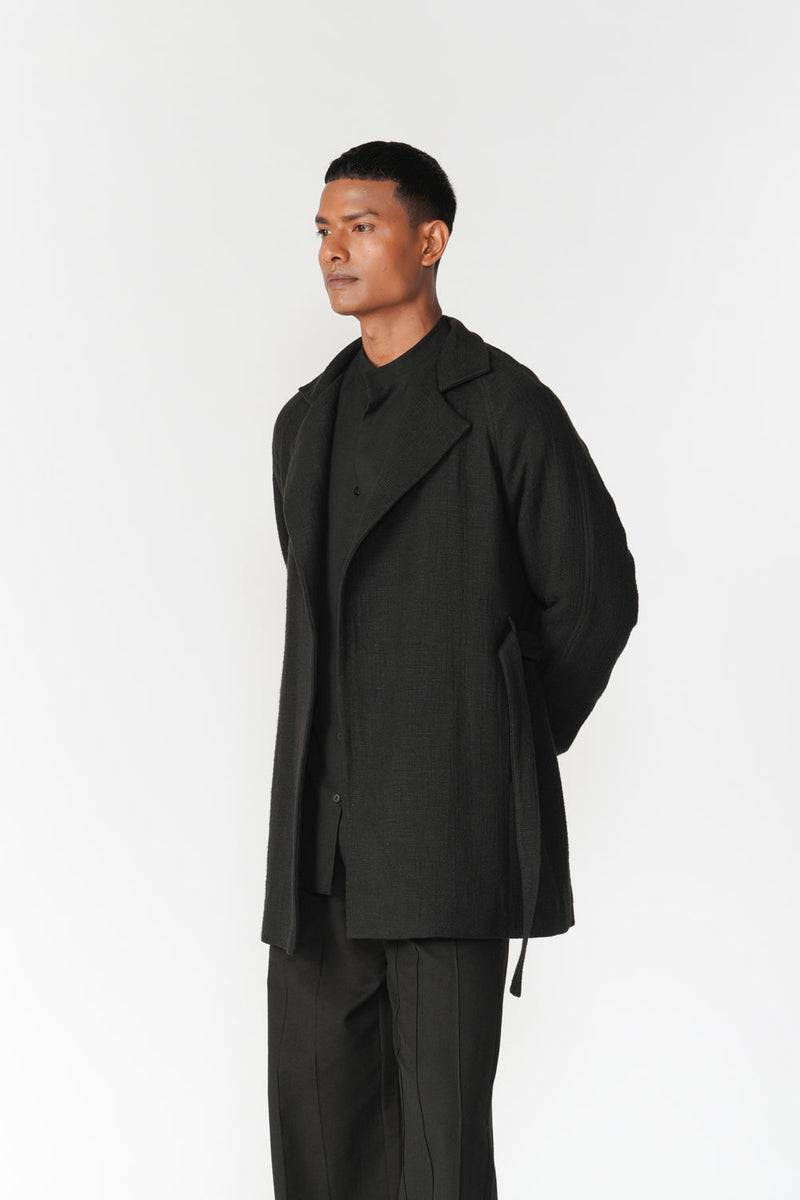 Chenille Notch Lapel Short Overcoat jacket/overlay by Turn Black in black for men in Singapore