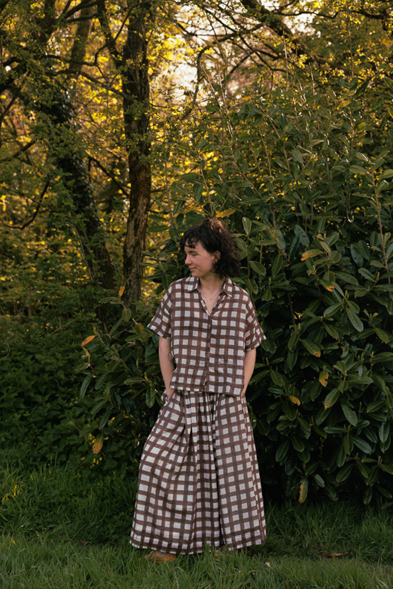 Easy Shirt-Brown Checks handwoven cotton top/shirt by World of Crow in brown for women in Singapore