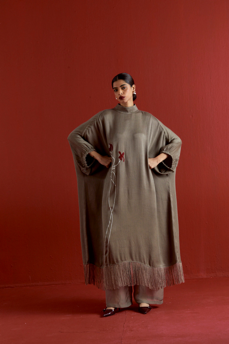 FLORAL FRINGE KAFTAN CO-ORD-CEDAR satin by THREE for women in Singapore