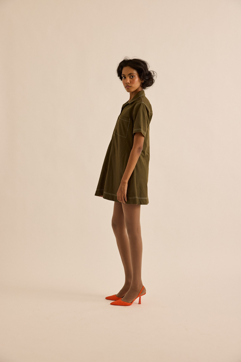 Chive Dress twill dress by Khara Kapas in olive for women in Singapore