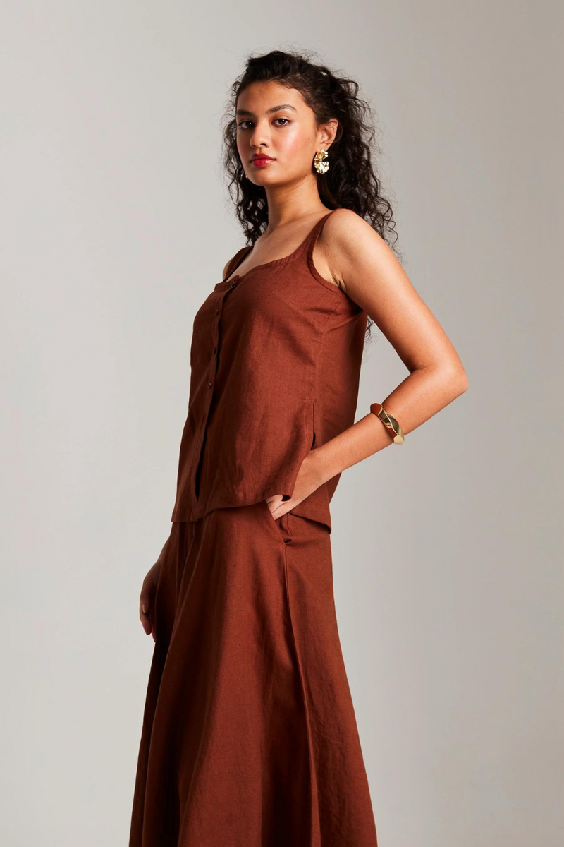Mocha Co-Linen Side Slit Top & Skirt Set