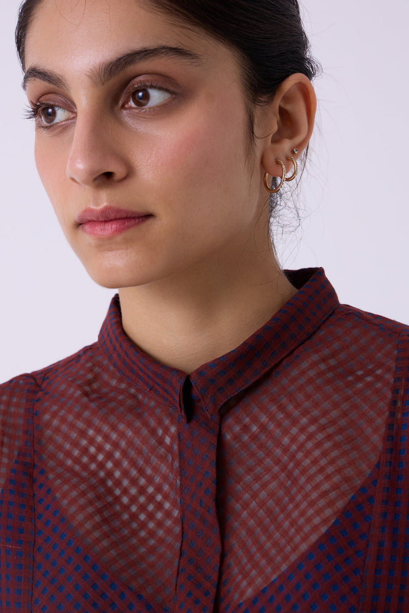 Zuri Blue Checkered HandwovenTop handwoven silk cotton top/shirt by The Summer House in blue for women in Singapore