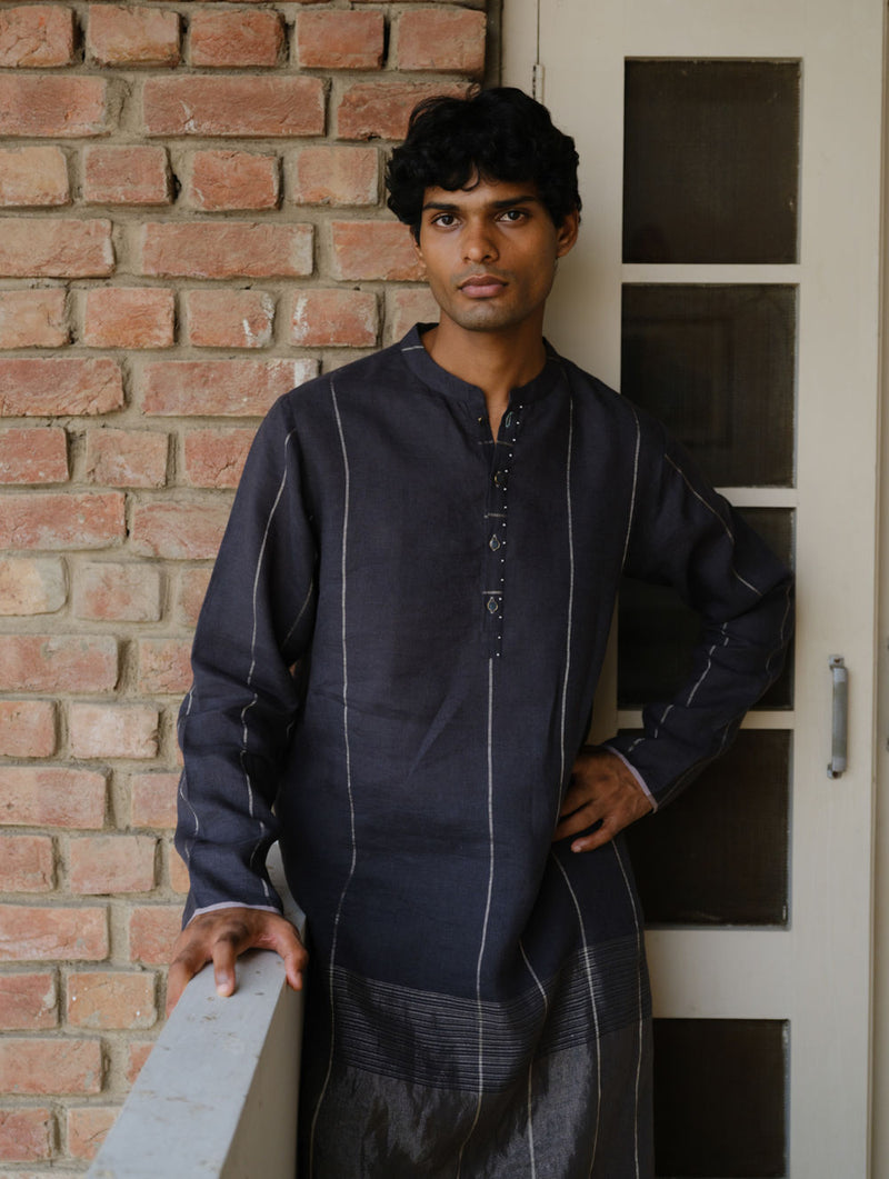 Jawahar Metallic Linen Kurta Set-Charcoal linen kurta/kurta set by Manan Men in charcoal for men in Singapore