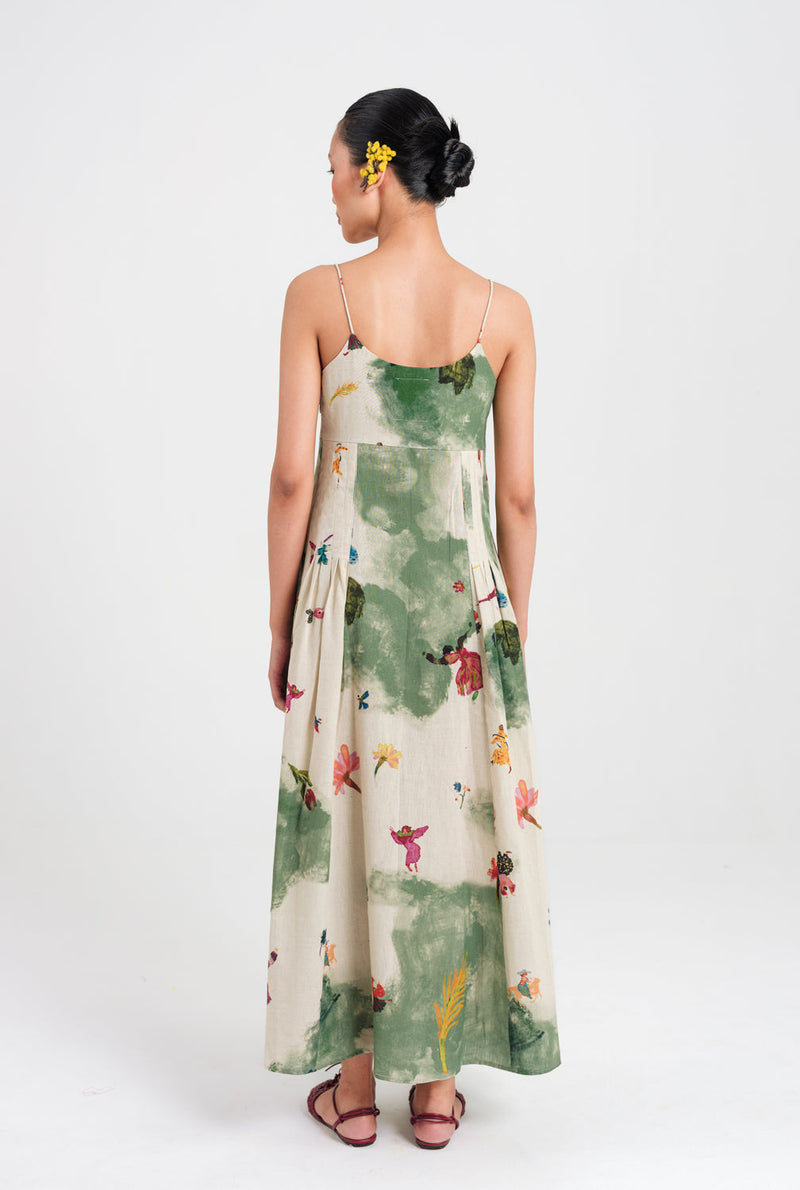Sway Pleated Dress cotton flex dress by JodiLife in offwhite, green for women in Singapore