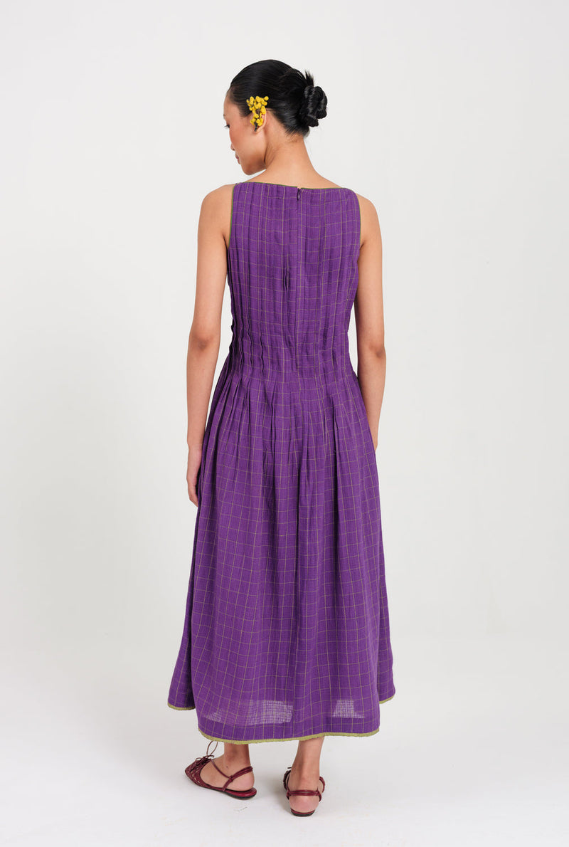 Drift Handloom Pleated Dress handwoven cotton dress by JodiLife in purple for women in Singapore